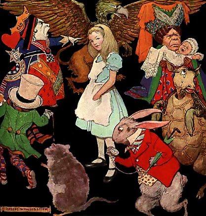 Alcuni dei personaggi di Alice nel Paese delle Meraviglie nel frontespizio di una delle prime edizioni della riduzione per bambini del libro (The Nursery Alice)