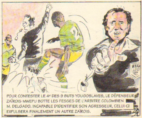 Dessin coupe du monde 1974 MWEPU frappe l'arbitre DELGADO