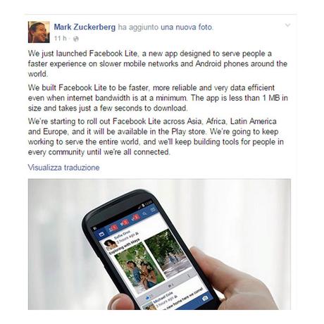 post di mark zuckerber su facebook lite