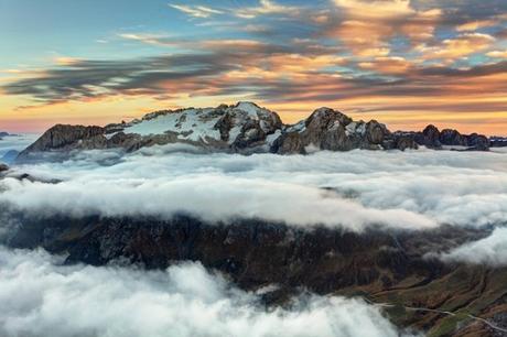 Mountain Marmolada at sunset in Italy dolomites