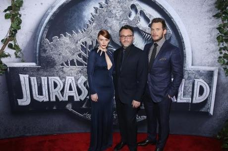 HOLLYWOOD, CA - JUNE 09:  (L-R) Actress Bryce Dallas Howard, Writer/Director Colin Trevorrow and Chris Pratt pose at the Jurassic World premiere sponsored by Samsung at Dolby Theatre on June 9, 2015 in Hollywood, California.  (Photo by Jonathan Leibson/Getty Images for Samsung)