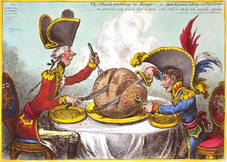 'The plumb-pudding in danger: - or - state epicures taking un petit souper' (William Pitt; Napoléon Bonaparte) by James Gillray © National Portrait Gallery, London