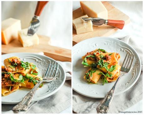 Paccheri in crema di Parmigiano e pomodori secchi e rucola | Paccheri in Parmigiano and Dried Tomatoes sauce and arugula