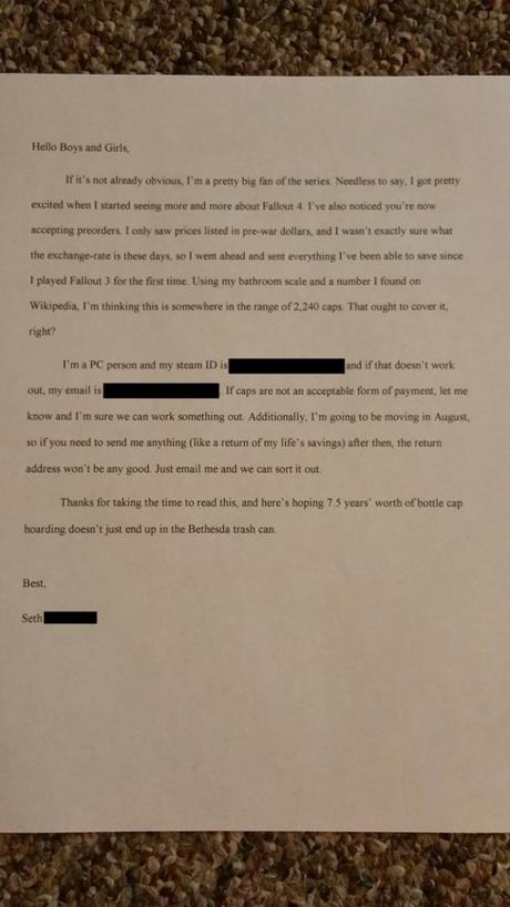 Curiosità, un fan “paga” il pre-order di Fallout 4 inviando 2.000 tappi di bottiglia a Bethesda fallout_fan_letter