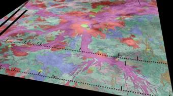 Questa carta geologia di Venere sovrapposta a una vista prospettica topografica del pianeta mostra un’estesa altura (Atla Regio) nel centro (in rosso, da cui si irradiano propaggini viola) e le circostanti vallate vulcaniche (in verde e blu). Nuove immagini e misure dalla sonda ESA Venus Express mostrano che parti delle fratture tettoniche sono probabilmente sede di vulcanismo attivo, confermando che Venere, in queste zone in particolare, continua a essere vulcanicamente e tettonicamente attiva anche nell’era moderna. Crediti: Ivanov/Head/Dickson/Brown University