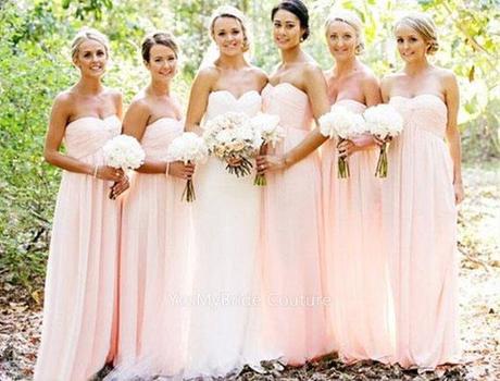 pink chiffon strapless sweetheart custom empire long bridesmaid dress