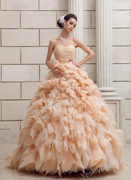 gorgeous strapless sweetheart champagne colored ruffled wedding dress