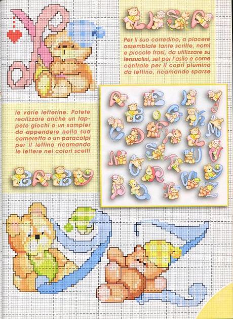 Alfabeto a punto croce con gli orsetti, schemi / Cross stitch alphabet with teddy bears, free patterns