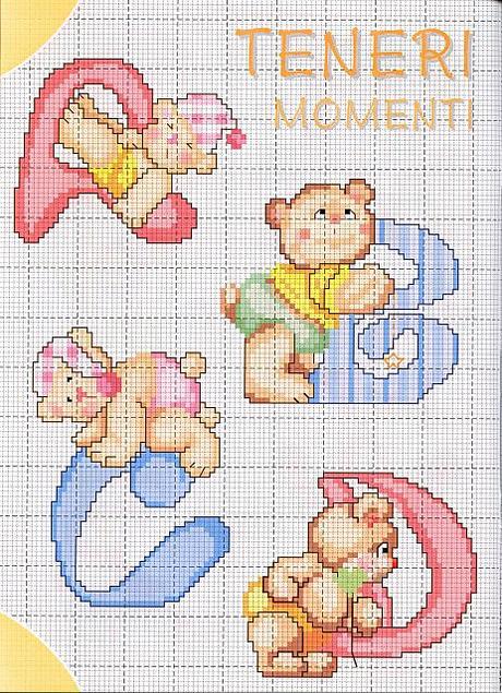 Alfabeto a punto croce con gli orsetti, schemi / Cross stitch alphabet with teddy bears, free patterns