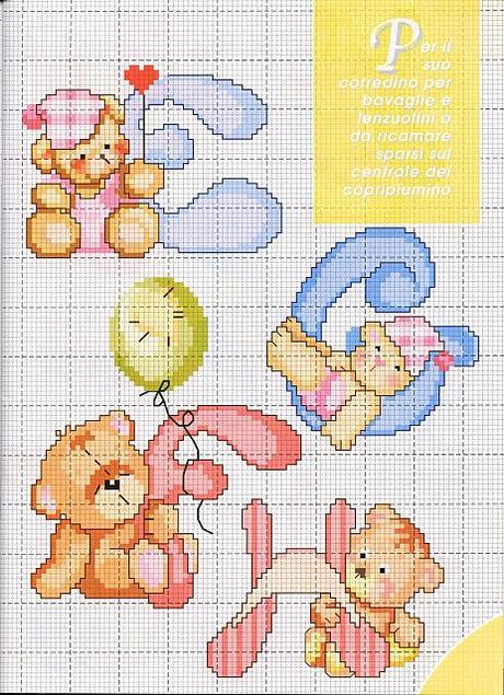 Alfabeto a punto croce con gli orsetti, schemi / Cross stitch alphabet with teddy bears, free patterns