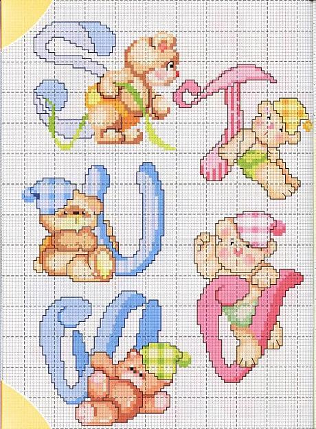 Alfabeto a punto croce con gli orsetti, schemi / Cross stitch alphabet with teddy bears, free patterns