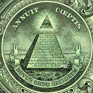 Dettaglio del retro della banconota statunitense da un dollaro: la piramide con l'Occhio della Provvidenza rappresenta, in Deus Ex: Human Revolution, il simbolo del New World Order e degli Illuminati. Pubblico dominio.