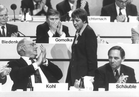 Party leader Helmut Kohl with his representitive Angela Merkel and head of the party Wolfgang Schaeuble at a CDU conference, Dezember 21, 1991, Dresden, Germany.  (Photo by Thomas Imo/Photothek via Getty Images)