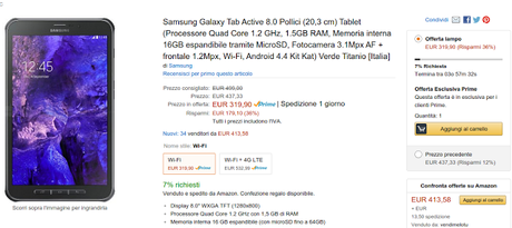 Offerte Amazon Prime Day: Samsung Galaxy Tab Active 8.0 a 319 euro scontato di 179 euro Offerte Amazon Prime Day: Samsung Galaxy Tab Active 8.0 a 319 euro scontato di 179 euro