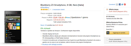 Offerte Amazon Prime Day: Blackberry Z3 a 139 euro scontato del 30% Offerte Amazon Prime Day: Blackberry Z3 a 139 euro scontato del 30%