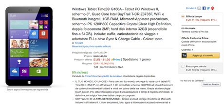Offerta Amazon Prime Day: tablet Windows 8.1 a 112 euro scontato del 51% Offerta Amazon Prime Day: tablet Windows 8.1 a 112 euro scontato del 51%