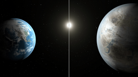 Rappresentazione artistica  che confronta terra (a sinistra) e' nuovo pianeta, chiamato Kepler-452b, che è circa il 60 per cento più grande in diametro. Crediti: NASA/JPL-Caltech/T. Pyle 
