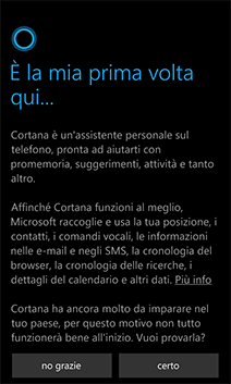 Guida per usare Cortana su Windows Phone 8.1: Iniziare a usare Cortana. Immagine della schermata autorizzazioni di Cortana