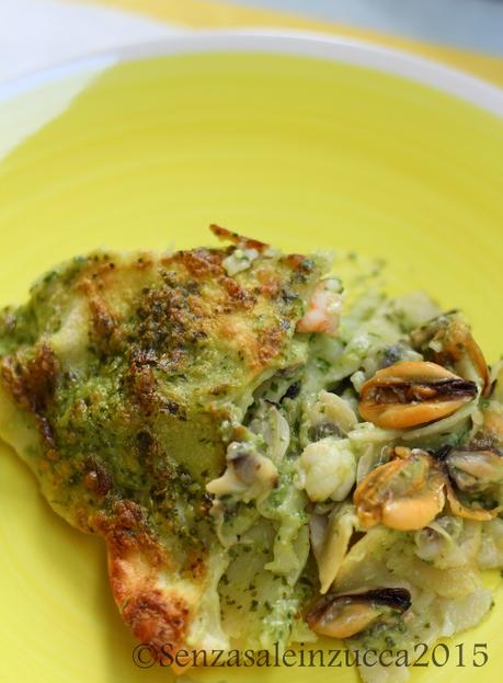 La mia lasagna di Kamut ai frutti di mare, scampi e pesto di prezzemolo