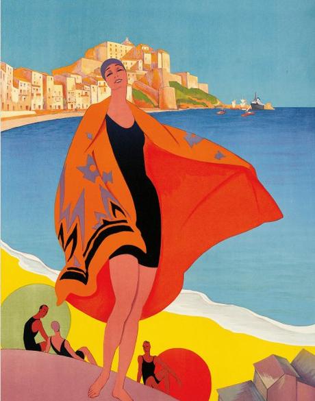 Plage de Calvi, Corse, 1928 (Colour Litho) Broders Roger Private Collection Photo © Christies Images Bridgeman Images.