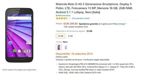 Offerta Amazon: Motorola Moto G 2015 (versione da 2GB di RAM e 16GB di memoria) a 249 euro Offerta Amazon: Motorola Moto G 2015 (versione da 2GB di RAM e 16GB di memoria) a 249 euro