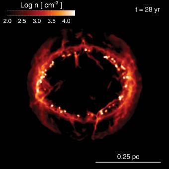 Interazione dell'onda d'urto della supernova 1987a con il mezzo circumstellare disomogeneo. La figura mostra la distribuzione spaziale della densità di particelle del plasma investito dall'onda d'urto elaborata  dal modello teorico a 28 anni dall'esplosione