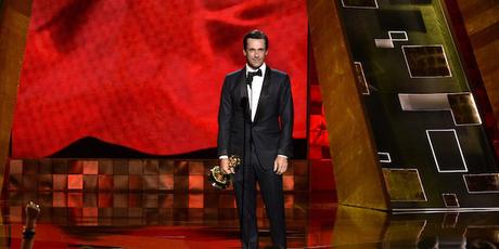 IMAGE DISTRIBUTED FOR THE TELEVISION ACADEMY - Jon Hamm accepts the award for outstanding lead actor in a drama series for “Mad Men” at the 67th Primetime Emmy Awards on Sunday, Sept. 20, 2015, at the Microsoft Theater in Los Angeles. (Photo by Phil McCarten/Invision for the Television Academy/AP Images)