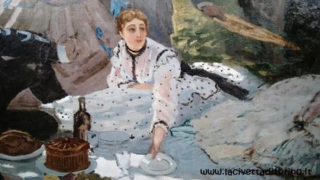 Monet, La Colazione sull'Erba (particolare), 1865-66. La fanciulla è Camille Doncieux, prima moglie di Monet.