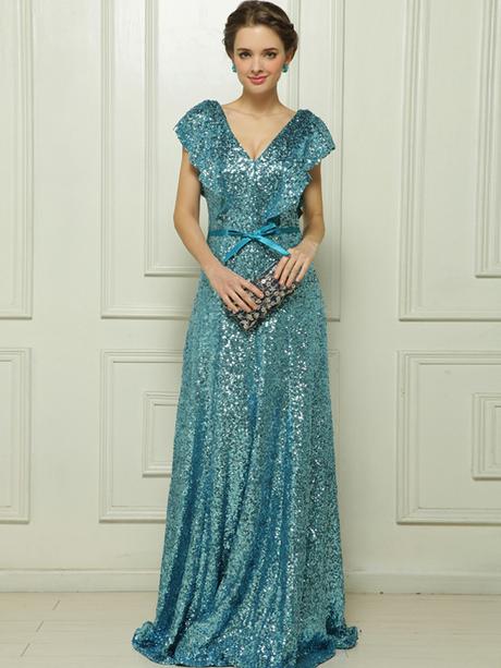 A-line V-neck Capped Sweep/Brush Blue Prom/Evening Dress PD416