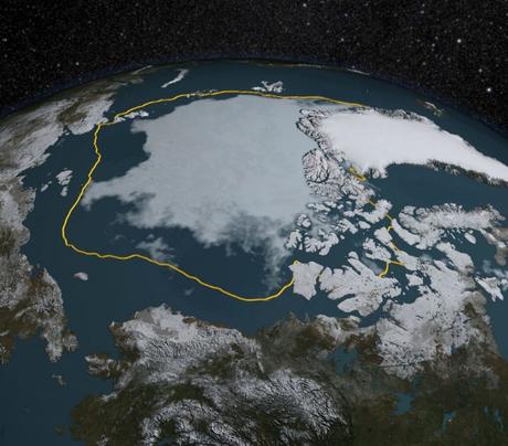 Il minimo estivo ghiaccio 2015 mare Artico è 699.000 miglia quadrate di sotto della media 1981-2010, qui mostrate come una linea d'oro.  Image credit: NASA / Goddard Scientific Visualization Studio