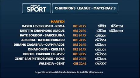 Premium Mediaset, Champions 3a giornata - Programma e Telecronisti Premium Mediaset, Champions 3a giornata - Programma e Telecronisti