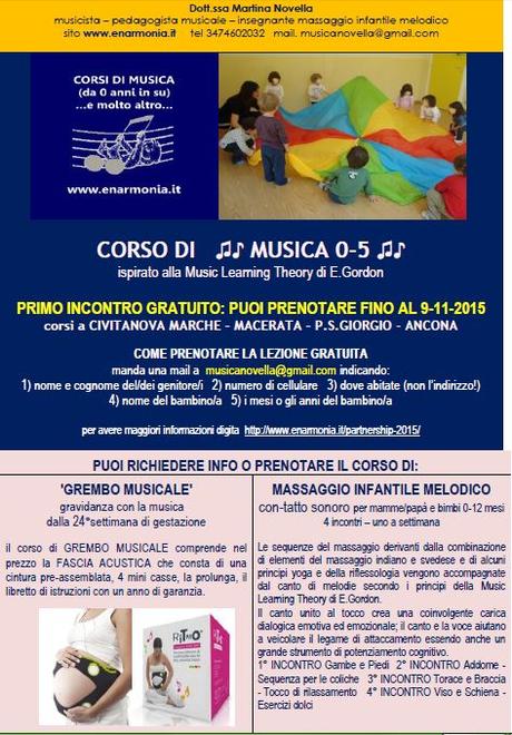 Musica dal pancione a 5 anni + massaggio infantile sonoro: corsi in prov. di Macerata, Fermo e Ancona