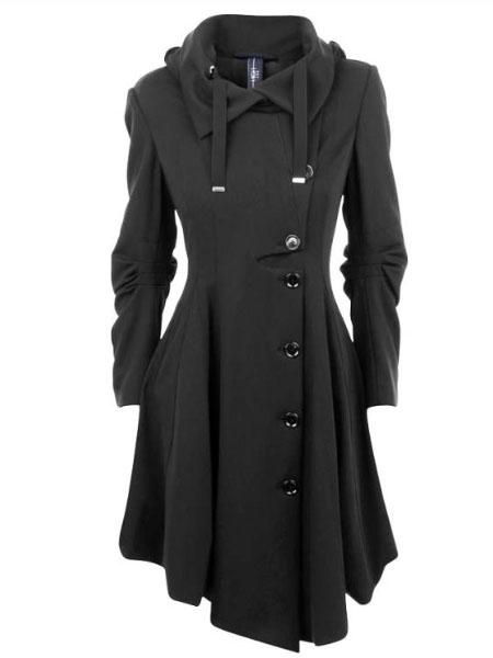 Asymmetric Black Stand Collar Long Sleeve Women's Overcoat