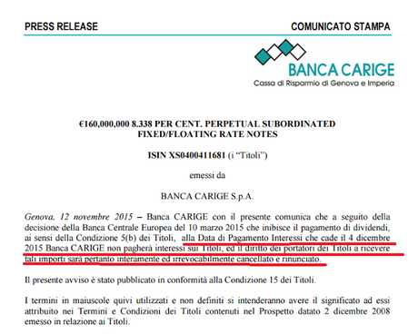 BANCA CARIGE SOSPENDE IL PAGAMENTO DELLA CEDOLA SUI BOND PERPETUI