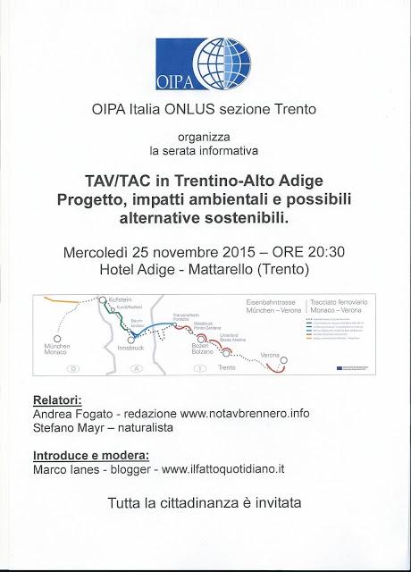 Serata informativa sulla TAV/TAC ,che si terrà a Mattarello mercoledì 25 novembre ore 20:30.