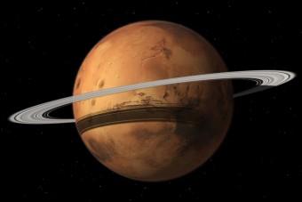 Marte come potrebbe apparire tra qualche decina di milioni di anni, con il suo anello composto dai resti della sua luna Phobos. Crediti: Tushar Mittal con Celestia 2001-2010