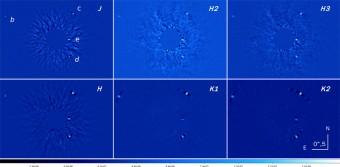 Nuovi orizzonti per SPHERE In questa immagine sono rappresentati i 4 pianeti attorno alla stella HR8799, in diversi filtri di IRDIS, J, H2, H3, H, K1, K2. La luce della stella, nascosta dietro al coreografo al centro delle immagini, è stata attenuata grazie ad un Angular Differential Imaging (ADI) post-proccesing ottenuto con la tecnica della Principal Component Analysis (PCA).