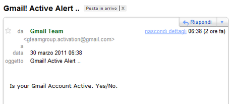 Un falso messaggio di allarme da Gmail