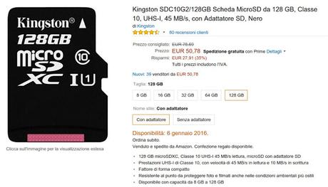 Offerta MicroSD Kingston 128 GB Classe 10 a 50,78 euro su Amazon