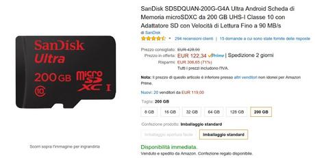 Offerta Amazon: microSDXC Sandisk 200 GB classe 10 a 122 euro