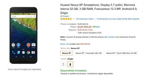 Nexus 6P Carbon disponibile a 559 euro venduto e spedito da Amazon