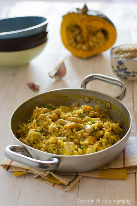 Riso integrale con zucca mantovana  fagioli cannellini e curry