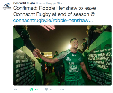 “il Pro12 degli altri”: Robbie Henshaw lascia Connacht a fine stagione