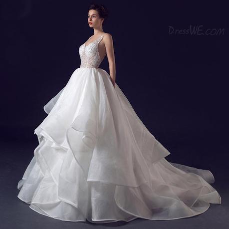 Dresswe.com SUPPLIES Chic V-neck Sleeveless Beading Backless Tiered Ball Gown Sweep Train Floor Length Wedding Dress Wedding Dresses 2015 (2)