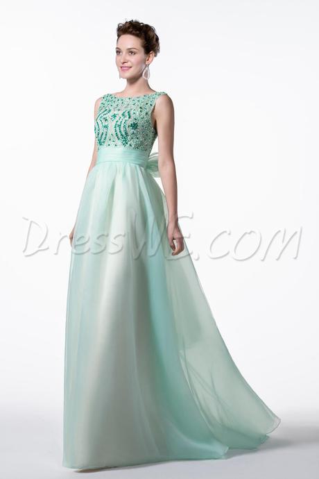 Dresswe.com SUPPLIES Vogue Scoop Beading Bowknot Sash Court Train  Evening Dress Formal Evening Dresses