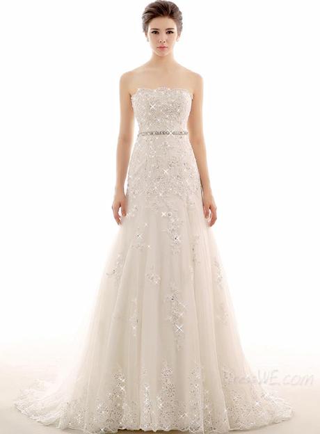 Dresswe.com SUPPLIES Delicate Strapless Appliques Beading Court Train Wedding Dress Wedding Dresses 2015