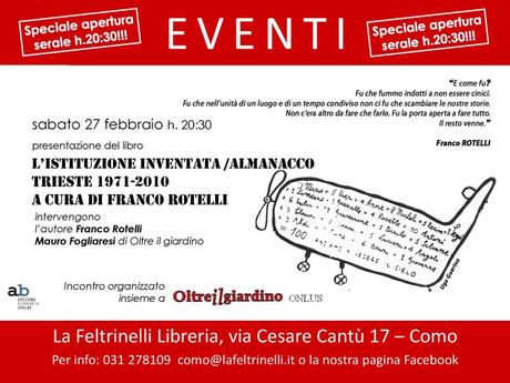 Franco Rotelli presenta il libro L’istituzione inventata. Almanacco Trieste 1971-2010 https://scontent-mxp1-1.xx.fbcdn.net/hphotos-xpf1/v/t1.0-9/12745510_988466151218656_6293388033274244880_n.jpg?oh=2d7e2b38ca88d925290c4ab88b24a0f6&oe=575FA762
