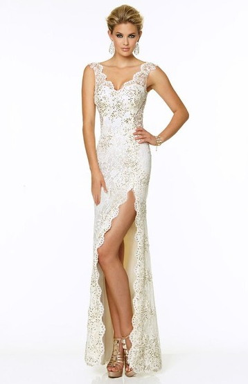  White Lace Sexy Split Front Prom Dresses