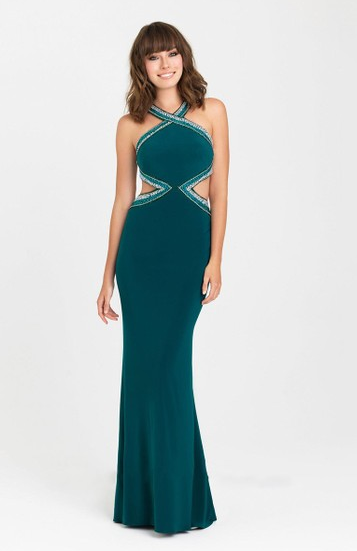  Mermaid Dark Green Silk-like Satin Beading Scoop Neck Backless Prom Dresses