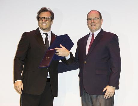 Prince Albert II of Monaco giving the the Career Award to Gabriele Muccino before the screening of the movie 